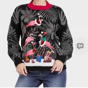 33 Degrees Pink Flamingos Christmas Sweater Metallic Sequins Embellished Size L